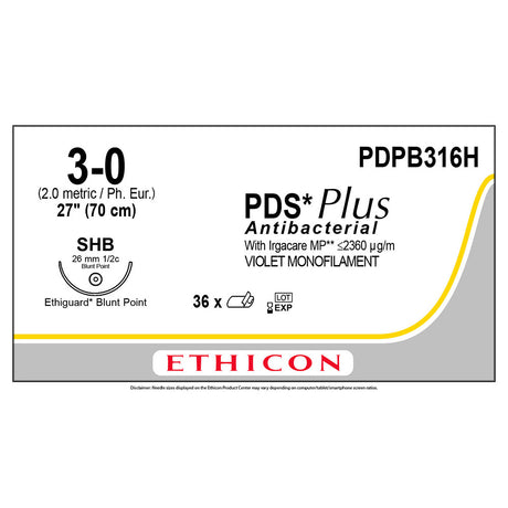 Ethicon PDS Plus Antibacterial Suture, Size: 3-0, Needle: SHB, VIOLET, 36/bx. MPN: PDPB316H