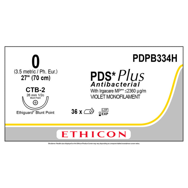 Ethicon PDS Plus Antibacterial Suture, Size: 0, Needle: CTB-2, VIOLET, 36/bx. MPN: PDPB334H