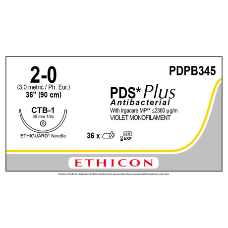 Ethicon PDS Plus Antibacterial Suture, Size: 2-0, Needle: CTB-1, VIOLET, 36/bx. MPN: PDPB345
