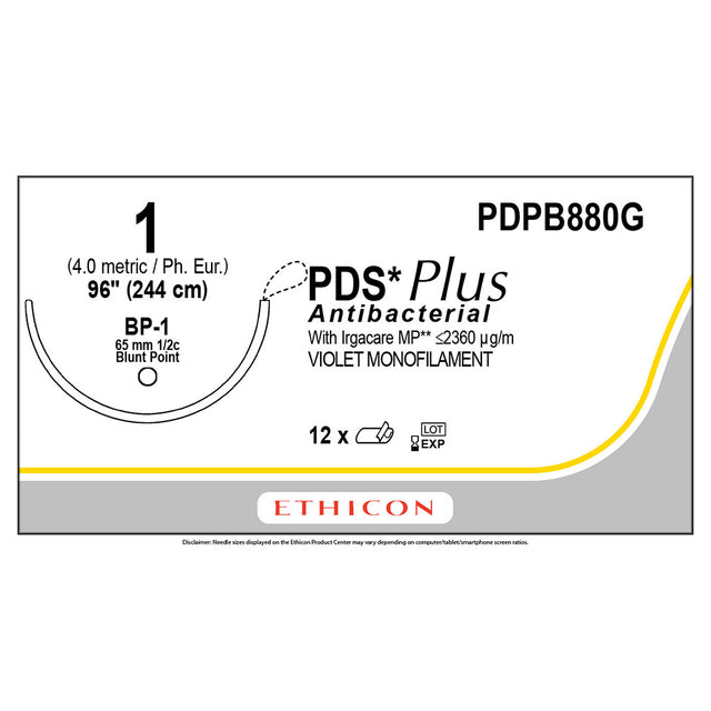 Ethicon PDS Plus Antibacterial Suture, Size: 1, Needle: BP-1, VIOLET, 12/bx. MPN: PDPB880G