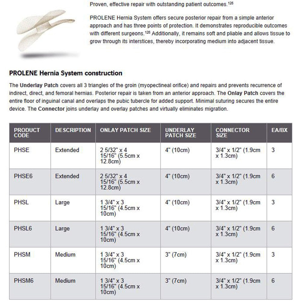 Ethicon PROLENE Hernia System Extended 4", Mesh Devices. MPN: PHSE6