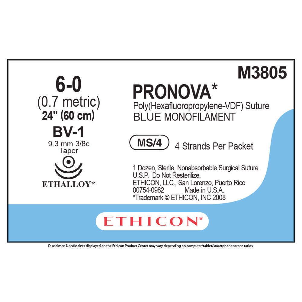 Ethicon PRONOVA Poly Suture, Size: 6-0, Needle: BV-1, BV-1, BLUE, 12/bx. MPN: PNM3805