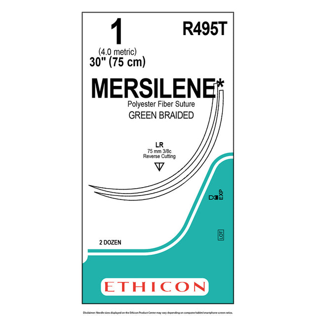 Ethicon MERSILENE Polyester Fiber Suture, Size: 1, Needle: LR, LR, GREEN, 24/bx. MPN: R495T