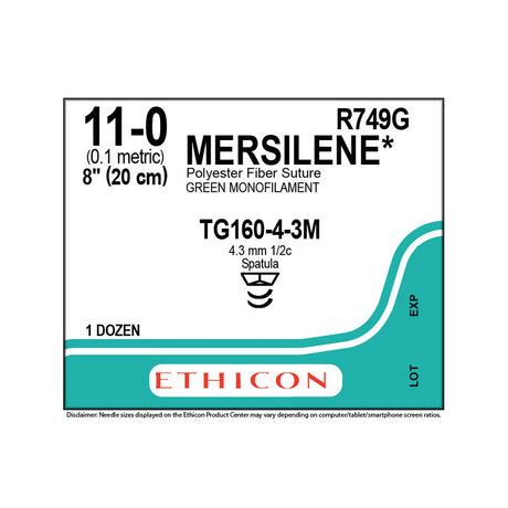 Ethicon MERSILENE Polyester Fiber Suture, Size: 11-0, Needle: TG160-4-3M, TG160-4-3M, GREEN, 12/bx. MPN: R749G