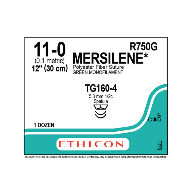 Ethicon MERSILENE Polyester Fiber Suture, Size: 11-0, Needle: TG160-4, TG160-4, GREEN, 12/bx. MPN: R750G