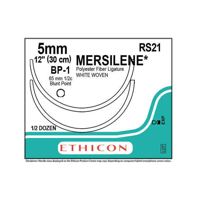 Ethicon MERSILENE Polyester Fiber Strip Suture, Size: 5mm, Needle: BP-1, BP-1, WHITE, 6/bx. MPN: RS21