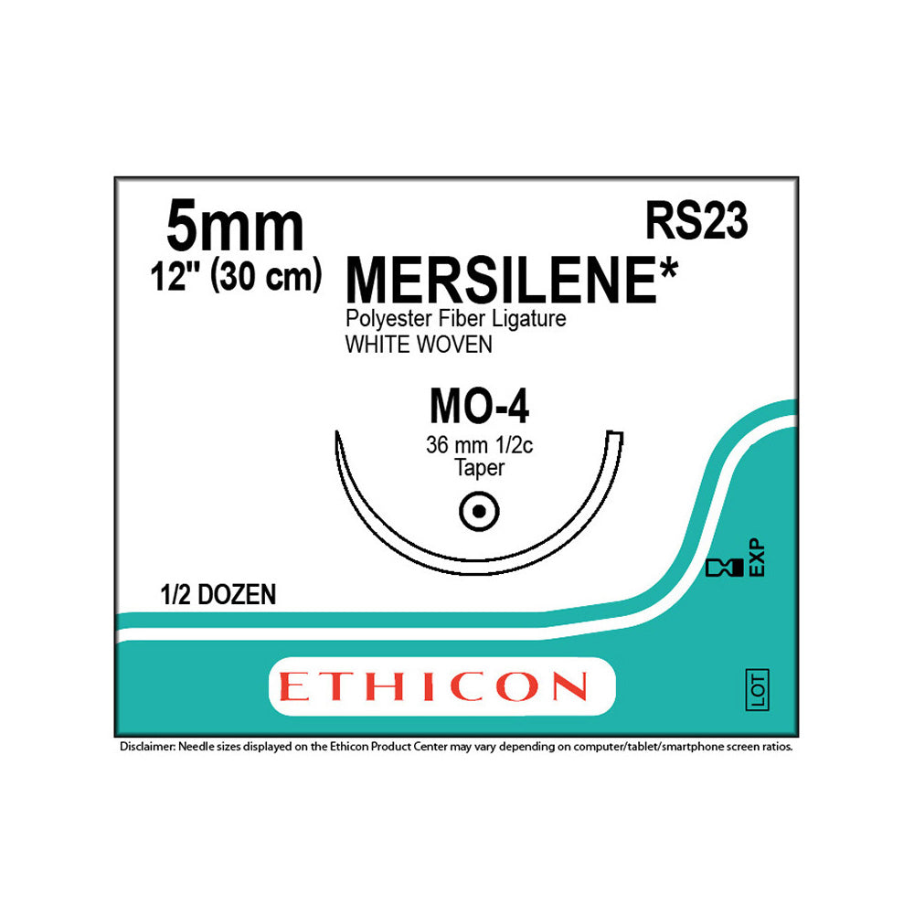 Ethicon MERSILENE Polyester Fiber Strip Suture, Size: 5mm, Needle: MO-4, WHITE, 6/bx. MPN: RS23