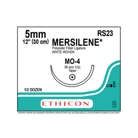 Ethicon MERSILENE Polyester Fiber Strip Suture, Size: 5mm, Needle: MO-4, WHITE, 6/bx. MPN: RS23