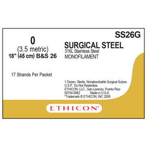 Ethicon Surgical Stainless Steel Suture, Size: 0, NO NEEDLE, SILVER, 12/bx. MPN: SS26G