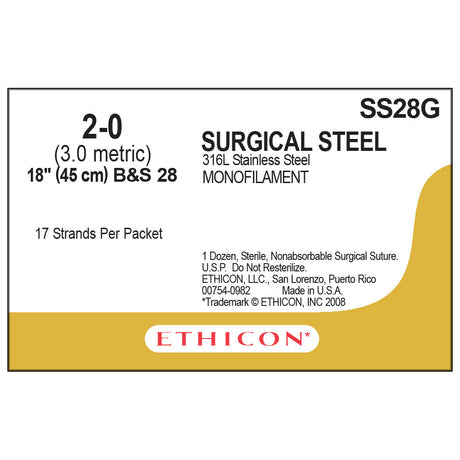 Ethicon Surgical Stainless Steel Suture, Size: 2-0, NO NEEDLE, SILVER, 12/bx. MPN: SS28G