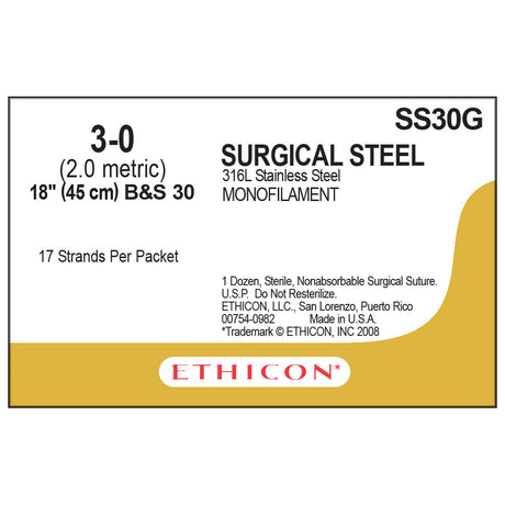 Ethicon Surgical Stainless Steel Suture, Size: 3-0, NO NEEDLE, SILVER, 12/bx. MPN: SS30G