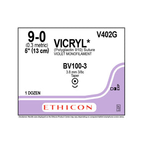 Ethicon VICRYL Suture, Size: 9-0, Needle: BV100-3, VIOLET, 12/bx. MPN: V402G