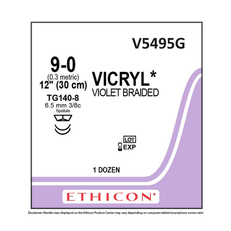 Ethicon VICRYL Suture, Size: 9-0, Needle: TG140-8, TG140-8, VIOLET, 12/bx. MPN: V5495G