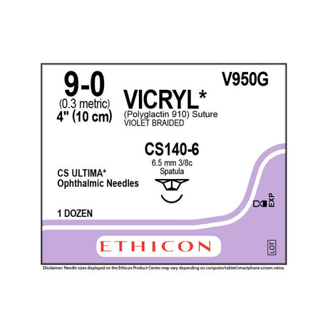 Ethicon VICRYL Suture, Size: 9-0, Needle: CS140-6, VIOLET, 12/bx. MPN: V950G