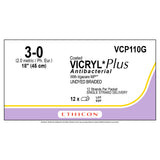 Ethicon COATED VICRYL Plus Antibacterial Suture, Size: 3-0, NO NEEDLE, UNDYED, 12/bx. MPN: VCP110G