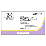 Ethicon COATED VICRYL Plus Antibacterial Suture, Size: 2-0, NO NEEDLE, UNDYED, 12/bx. MPN: VCP111G
