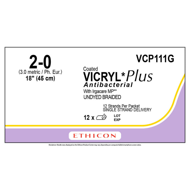 Ethicon COATED VICRYL Plus Antibacterial Suture, Size: 2-0, NO NEEDLE, UNDYED, 12/bx. MPN: VCP111G