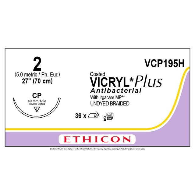 Ethicon COATED VICRYL Plus Antibacterial Suture, Size: 2, Needle: CP, UNDYED, 36/bx. MPN: VCP195H