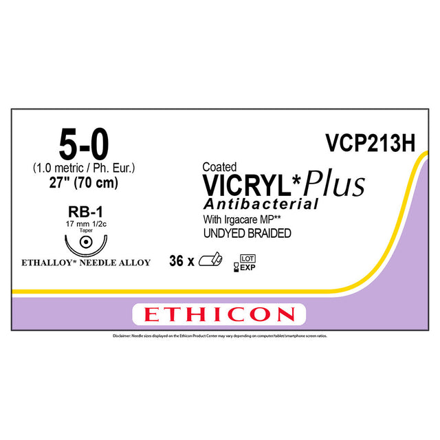Ethicon COATED VICRYL Plus Antibacterial Suture, Size: 5-0, Needle: RB-1, UNDYED, 36/bx. MPN: VCP213H