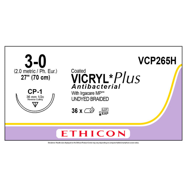 Ethicon COATED VICRYL Plus Antibacterial Suture, Size: 3-0, Needle: CP-1, UNDYED, 36/bx. MPN: VCP265H