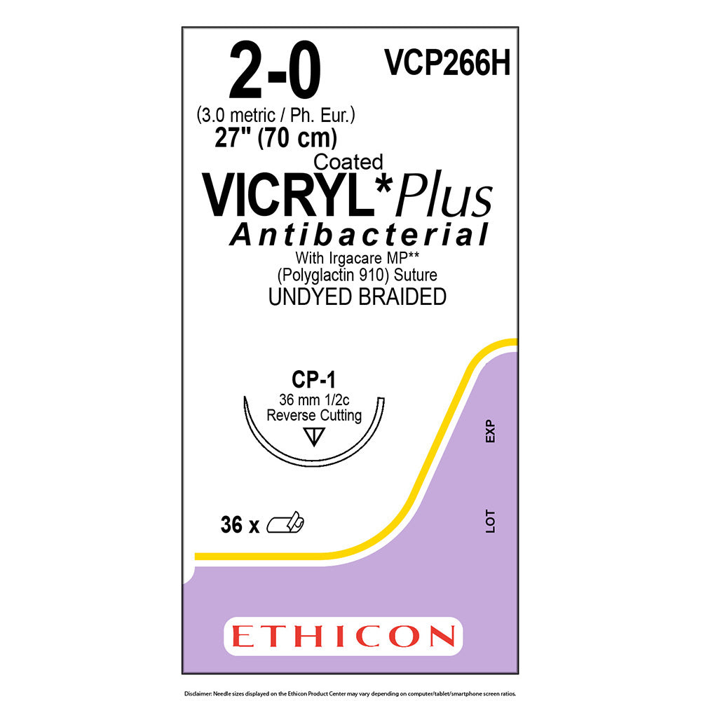Ethicon COATED VICRYL Plus Antibacterial Suture, Size: 2-0, Needle: CP-1, UNDYED, 36/bx. MPN: VCP266H