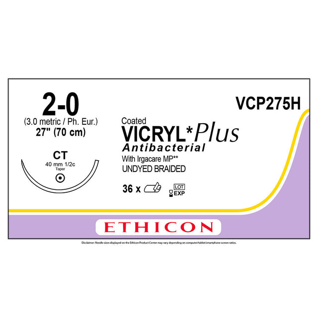 Ethicon COATED VICRYL Plus Antibacterial Suture, Size: 2-0, Needle: CT, UNDYED, 36/bx. MPN: VCP275H