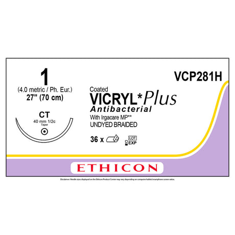 Ethicon COATED VICRYL Plus Antibacterial Suture, Size: 1, Needle: CT, UNDYED, 36/bx. MPN: VCP281H