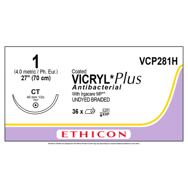 Ethicon COATED VICRYL Plus Antibacterial Suture, Size: 1, Needle: CT, UNDYED, 36/bx. MPN: VCP281H