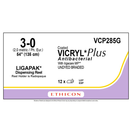 Ethicon COATED VICRYL Plus Antibacterial Suture, Size: 3-0, Needle: LIGAPAK Reel, UNDYED, 12/bx. MPN: VCP285G