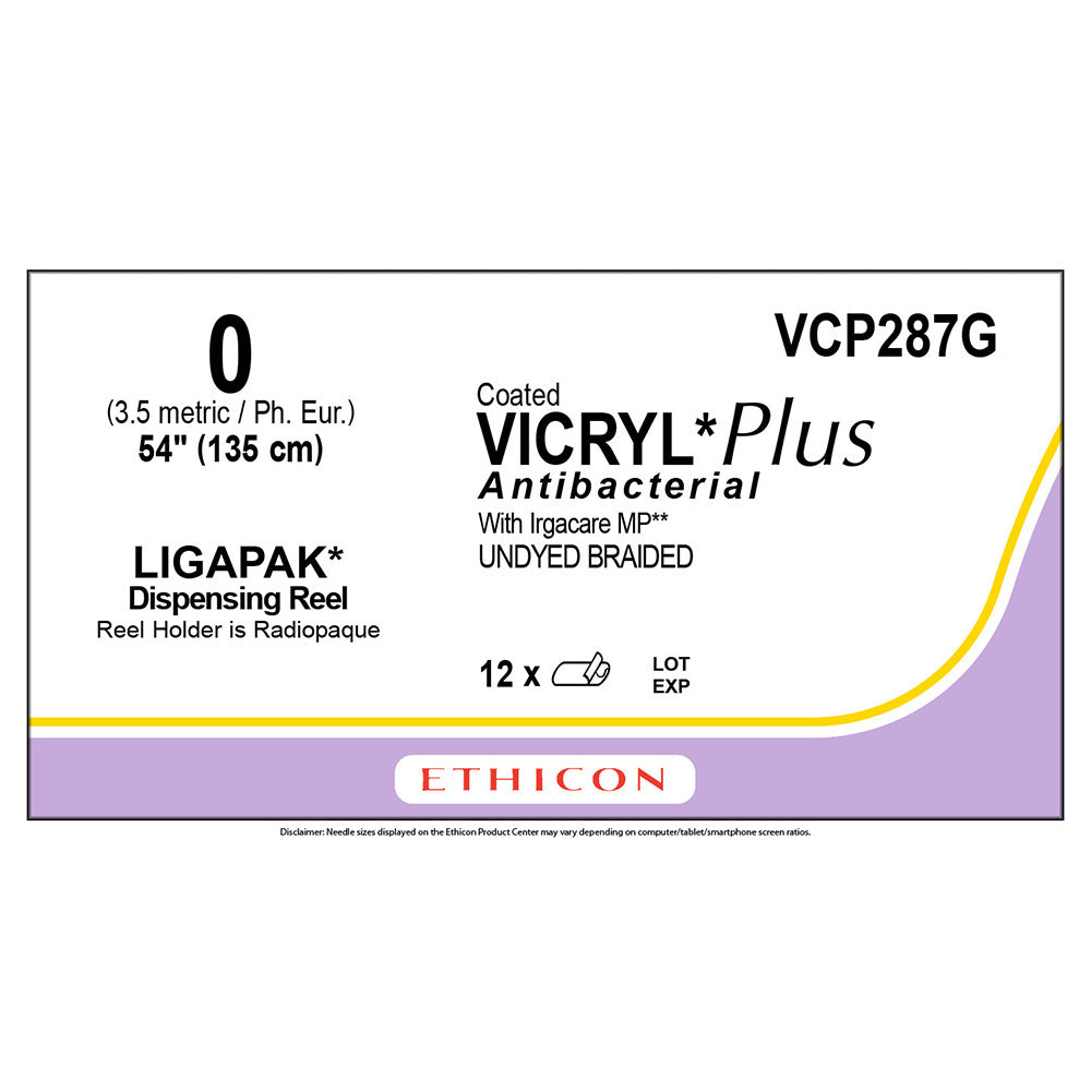 Ethicon COATED VICRYL Plus Antibacterial Suture, Size: 0, Needle: LIGAPAK Reel, UNDYED, 12/bx. MPN: VCP287G