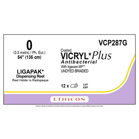 Ethicon COATED VICRYL Plus Antibacterial Suture, Size: 0, Needle: LIGAPAK Reel, UNDYED, 12/bx. MPN: VCP287G
