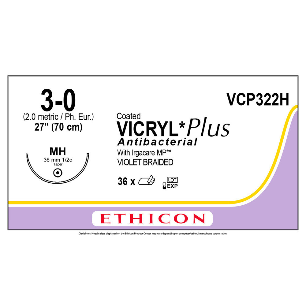 Ethicon COATED VICRYL Plus Antibacterial Suture, Size: 3-0, Needle: MH, VIOLET, 36/bx. MPN: VCP322H
