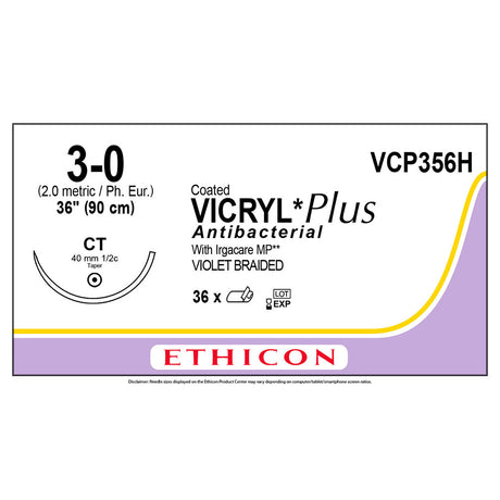 Ethicon COATED VICRYL Plus Antibacterial Suture, Size: 3-0, Needle: CT, VIOLET, 36/bx. MPN: VCP356H