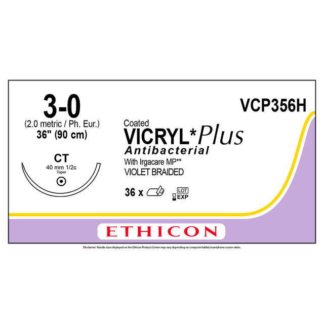 Ethicon COATED VICRYL Plus Antibacterial Suture, Size: 3-0, Needle: CT, VIOLET, 36/bx. MPN: VCP356H