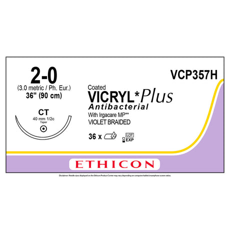 Ethicon COATED VICRYL Plus Antibacterial Suture, Size: 2-0, Needle: CT, VIOLET, 36/bx. MPN: VCP357H