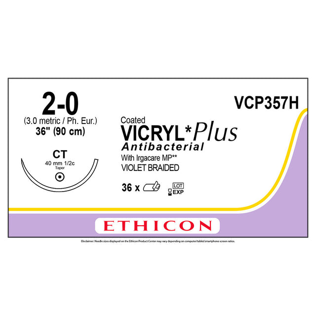 Ethicon COATED VICRYL Plus Antibacterial Suture, Size: 2-0, Needle: CT, VIOLET, 36/bx. MPN: VCP357H