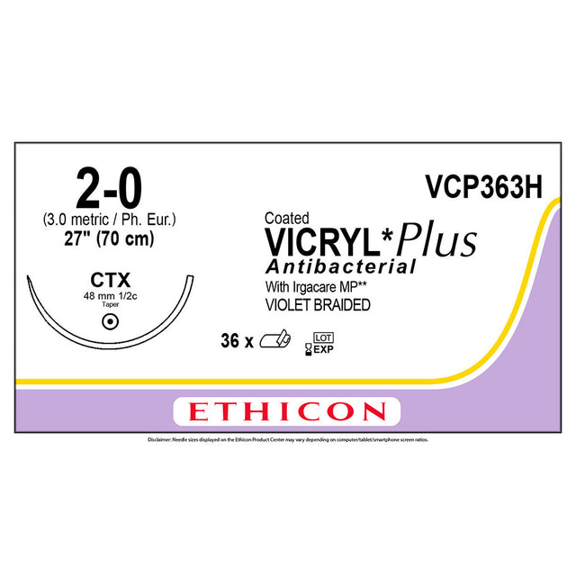 Ethicon COATED VICRYL Plus Antibacterial Suture, Size: 2-0, Needle: CTX, VIOLET, 36/bx. MPN: VCP363H