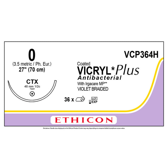 Ethicon COATED VICRYL Plus Antibacterial Suture, Size: 0, Needle: CTX, VIOLET, 36/bx. MPN: VCP364H