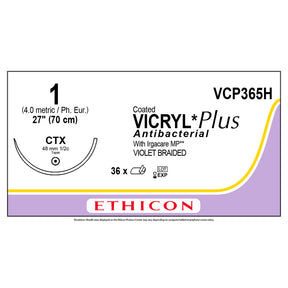 Ethicon COATED VICRYL Plus Antibacterial Suture, Size: 1, Needle: CTX, VIOLET, 36/bx. MPN: VCP365H