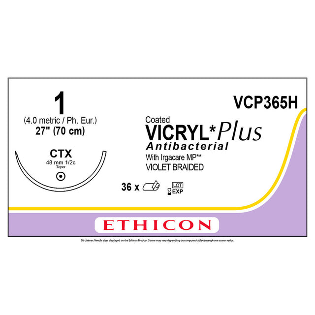 Ethicon COATED VICRYL Plus Antibacterial Suture, Size: 1, Needle: CTX, VIOLET, 36/bx. MPN: VCP365H
