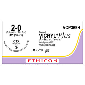 Ethicon COATED VICRYL Plus Antibacterial Suture, Size: 2-0, Needle: CTX, VIOLET, 36/bx. MPN: VCP369H