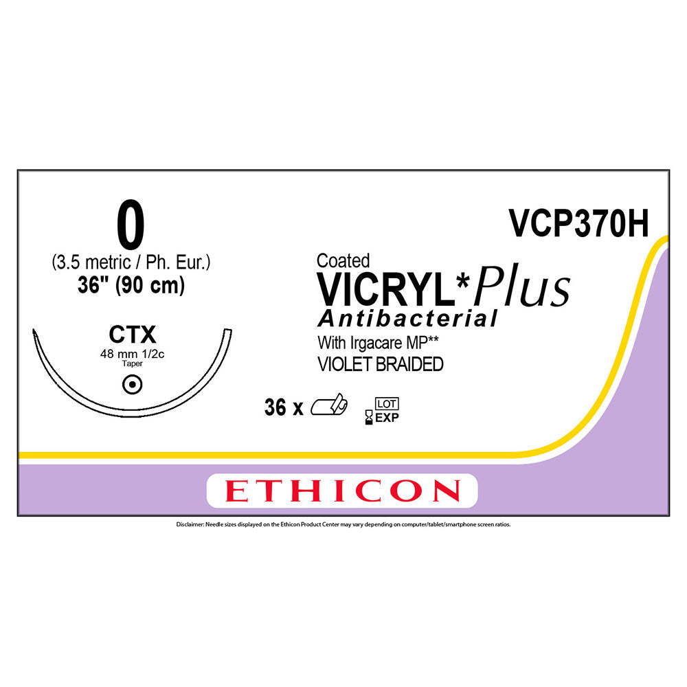 Ethicon COATED VICRYL Plus Antibacterial Suture, Size: 0, Needle: CTX, VIOLET, 36/bx. MPN: VCP370H