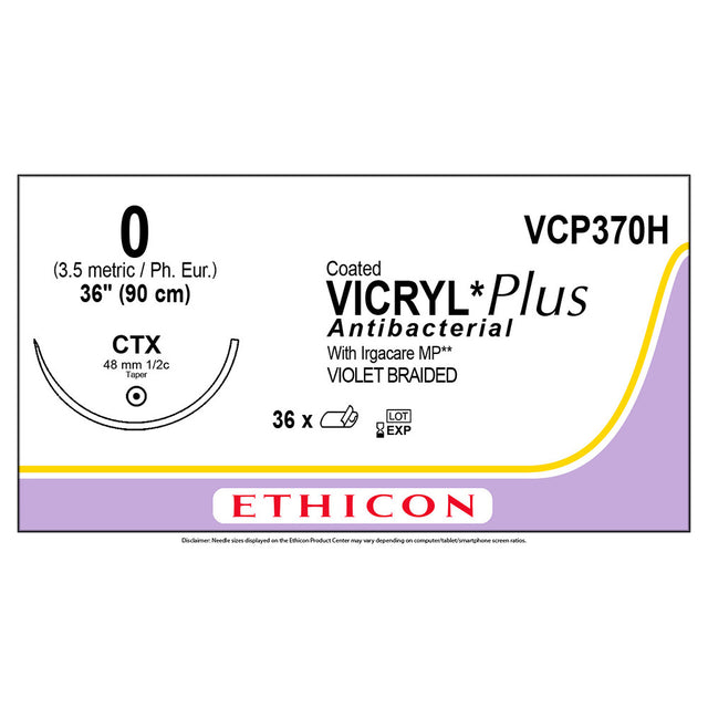 Ethicon COATED VICRYL Plus Antibacterial Suture, Size: 0, Needle: CTX, VIOLET, 36/bx. MPN: VCP370H