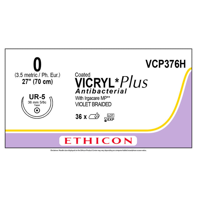 Ethicon COATED VICRYL Plus Antibacterial Suture, Size: 0, Needle: UR-5, VIOLET, 36/bx. MPN: VCP376H