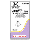 Ethicon COATED VICRYL Plus Antibacterial Suture, Size: 3-0, Needle: SH, UNDYED, 36/bx. MPN: VCP416H