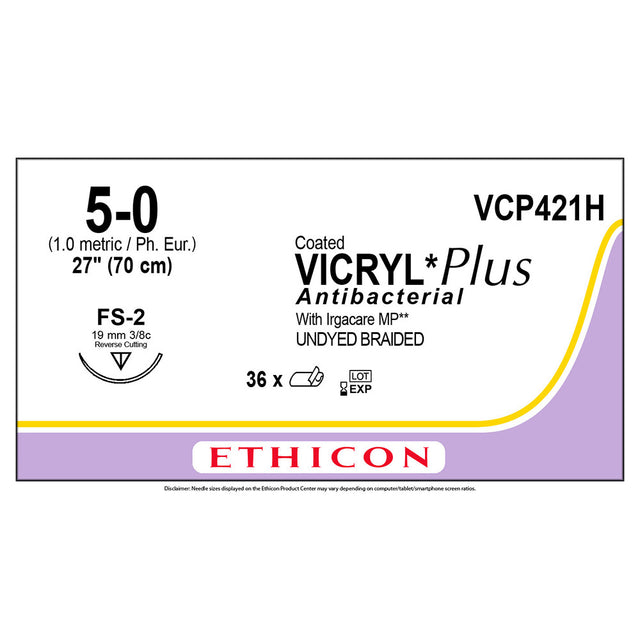 Ethicon COATED VICRYL Plus Antibacterial Suture, Size: 5-0, Needle: FS-2, UNDYED, 36/bx. MPN: VCP421H