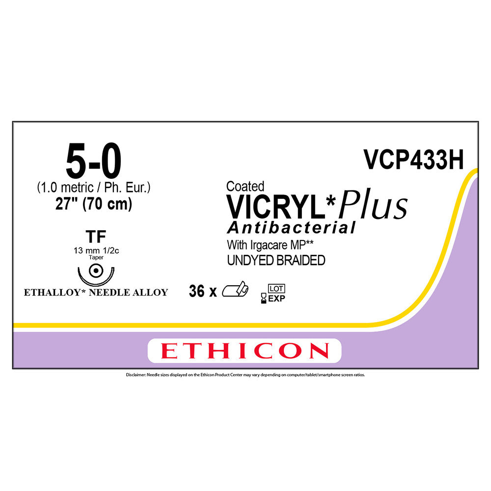 Ethicon COATED VICRYL Plus Antibacterial Suture, Size: 5-0, Needle: RB-2, UNDYED, 36/bx. MPN: VCP433H