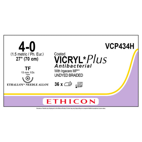 Ethicon COATED VICRYL Plus Antibacterial Suture, Size: 4-0, Needle: TF, UNDYED, 36/bx. MPN: VCP434H