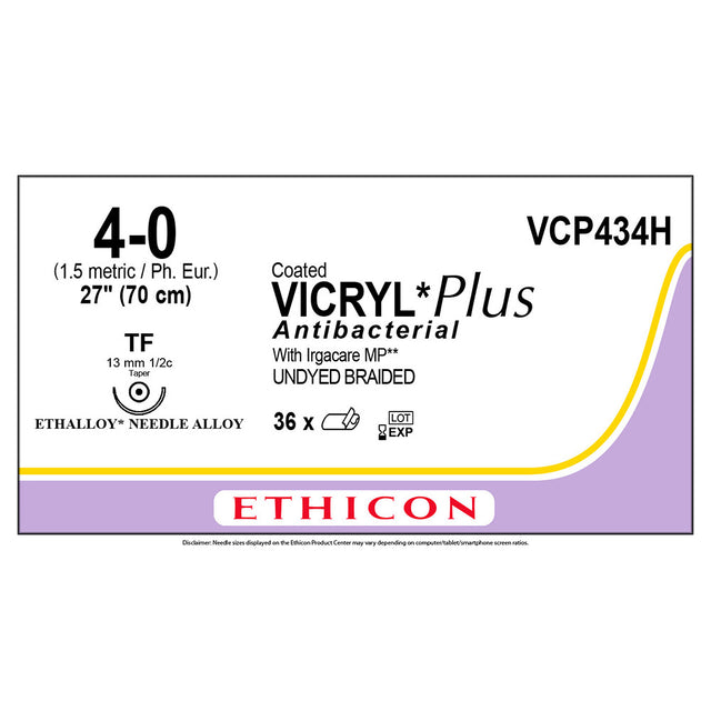 Ethicon COATED VICRYL Plus Antibacterial Suture, Size: 4-0, Needle: TF, UNDYED, 36/bx. MPN: VCP434H