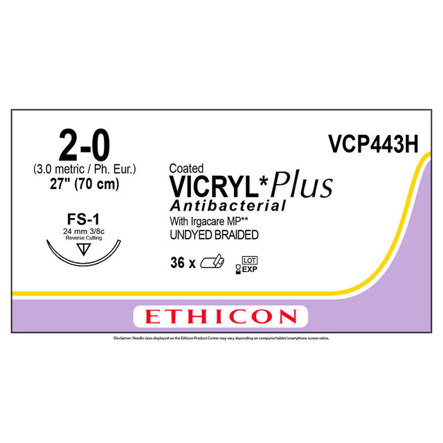 Ethicon COATED VICRYL Plus Antibacterial Suture, Size: 2-0, Needle: FS-1, UNDYED, 36/bx. MPN: VCP443H